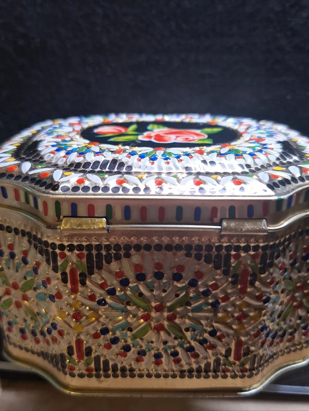 George W Horners Embossed Floral Rose Candy Treats Tin Gold Black England Hinged